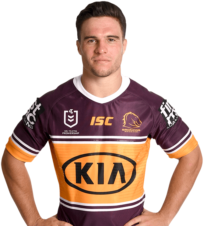 Brodie Croft in a maroon and gold Brisbane Broncos jersey with KIA sponsor